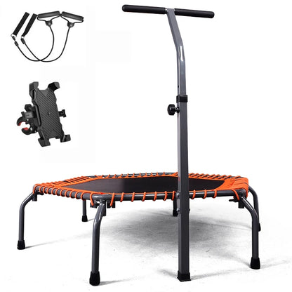 50 Inch Fold Fitness Trampoline with Adjustable Handrail, Elastic Rope and Mobile Phone Holder