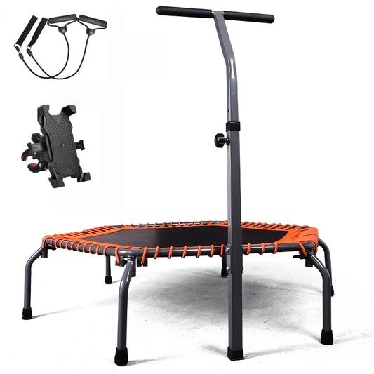 50 Inch Fold Fitness Trampoline with Adjustable Handrail, Elastic Rope and Mobile Phone Holder